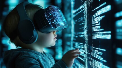 Baby uses his imagination and wears virtual reality glasses of computer intelligence with digital display of binary data of technological developments in the future