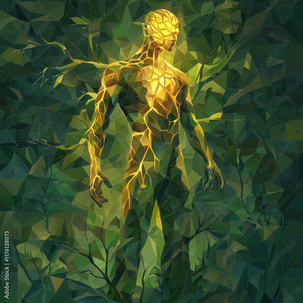 Poster tree man formed from interlocking polygons and angular shapes stands majestically in abstract forest
