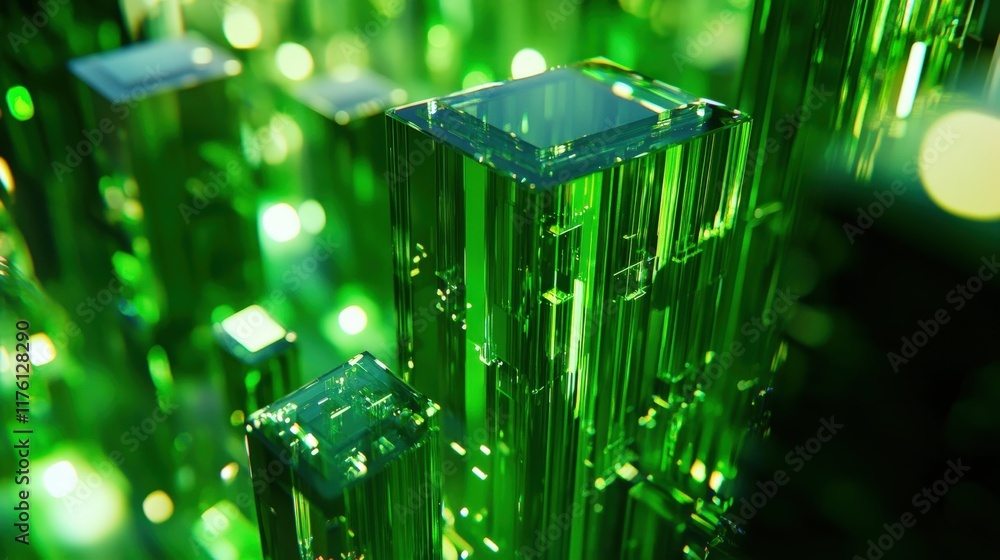 Poster abstract green crystal structures with reflective surfaces creating a vibrant and dynamic visual, em