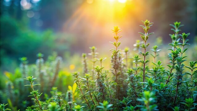 Aromatic herb forest at dawn , nature, thyme,  nature