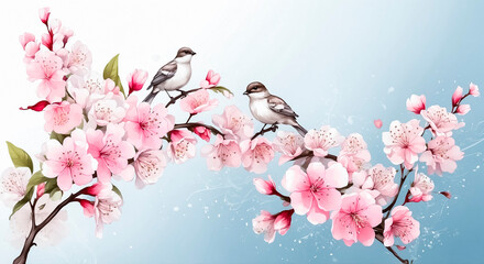 Two sparrows on a blooming spring tree