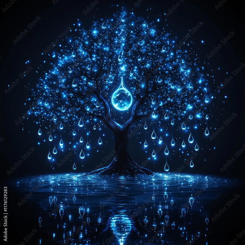 Poster dark and moody illustration portrays tree releasing water droplets reflect earth. scene is set durin