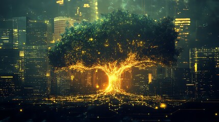 Fototapeta premium Generative illustration of a luminous tree symbolizing digital evolution in urban landscapes