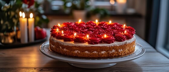 A cake decorated with roses and candles forming a heart, softly lit with cozy ambiance, bright background, copy space, romantic dessert, surreal, composite, cozy cafe backdrop