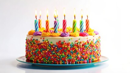 Vibrant colorful birthday cake with candles standing alone on a white background, bright, colorful,  bright, colorful