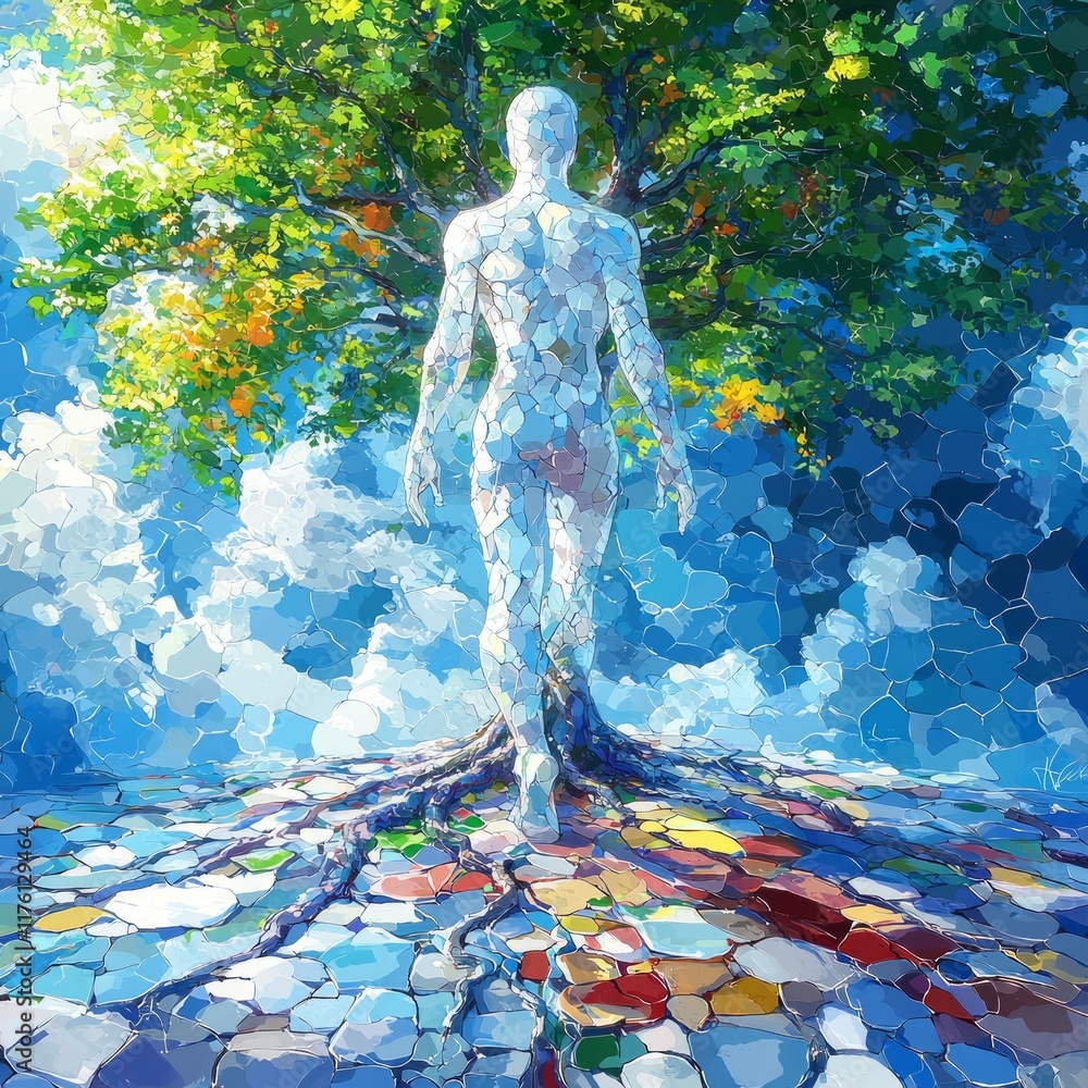 Aufkleber tree man figure stands in vibrant forest roots connecting earth in geometric patterns illuminated na