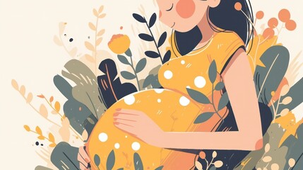 A pregnant woman is holding her belly, her hands gently touching her abdomen, in a minimalist graphic art display.