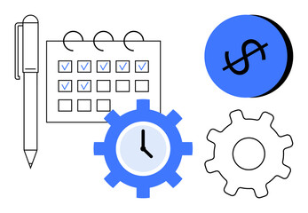 Pen next to checked calendar, clock gear, settings gear, and dollar coin. Ideal for productivity, planning, scheduling, budgeting organization time management business strategy. Abstract line flat