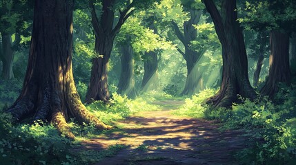 Naklejka premium A serene forest path flanked by tall, majestic trees with lush green foliage. Sunlight filters through the leaves, casting dappled shadows on the ground. The vibrant greenery and soft light create a p