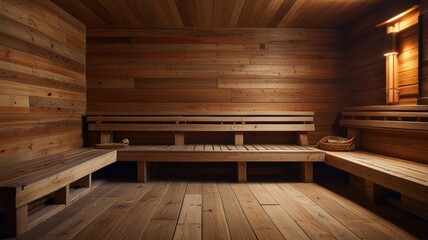 Empty wooden sauna with benches and light.