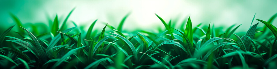 Panoramic close-up of lush green grass with soft light background
