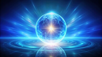 Soft pulsing blue aura surrounds a glowing orb suspended in mid-air, blue aura