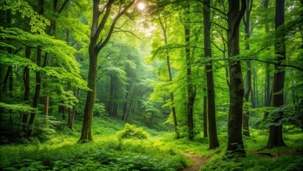 Obraz premium A small corner of a lush green forest with dense foliage and towering trees in the background , outdoors, nature