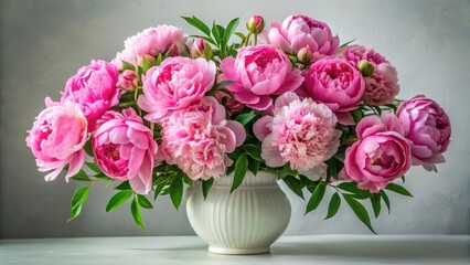 Fototapeta premium A stunning bouquet of large, showy pink peony flowers in a classic white ceramic vase, perfectly balanced among lush foliage and adorned with fresh greenery , fresh cut flowers, vase