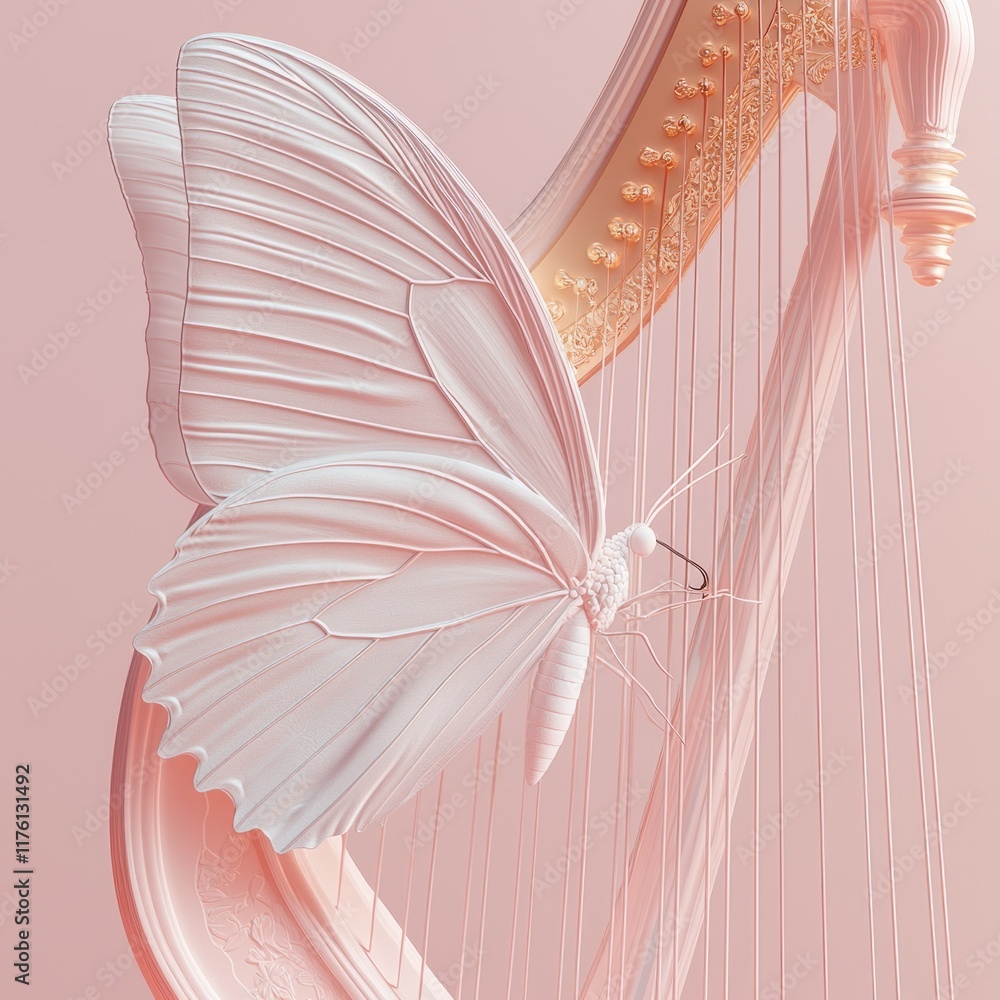 Poster butterfly gracefully plucks strings of golden harp surrounded soft pastel shades and subtle gradient