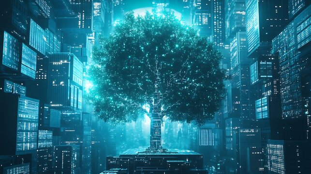 Glowing tree growing in a high-tech urban setting symbolizing digital progress
