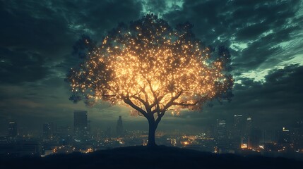 Beautiful luminous tree spreading glowing branches over urban landscapes