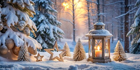 Fototapeta premium Winter forest scene with wooden decorations and a lit lantern surrounded by snow-covered trees, winter, lantern