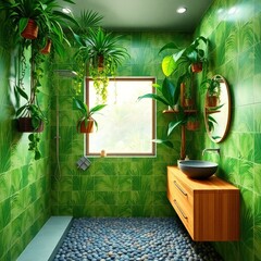 a beautiful and tranquil bathroom designed with a strong emphasis on nature. Bathtub. Wall Design. Sink Area. Lighting. Flooring. Plants. Natural Light.

