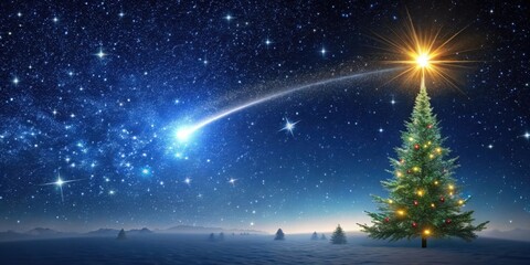 Naklejka premium Nachthimmel mit Sternschnuppe und Weihnachtsbaum , Sparkling Stars, Heavenly Scene