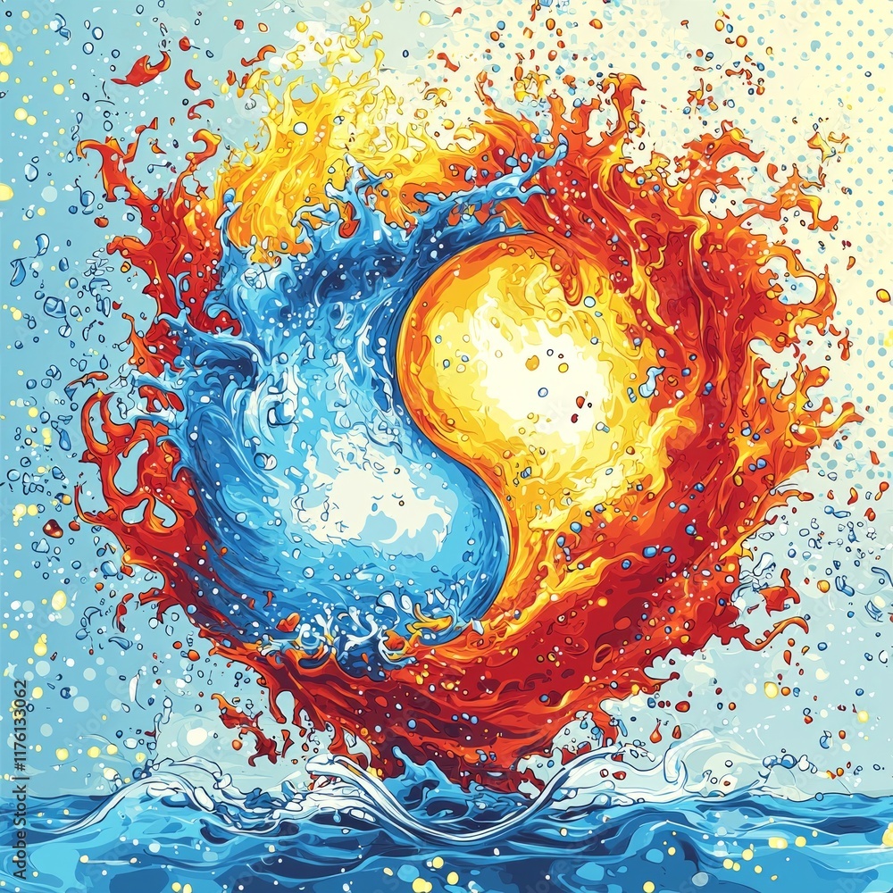 Aufkleber bright colors and bold outlines merge flames and water into playful representation of yin yang. ener