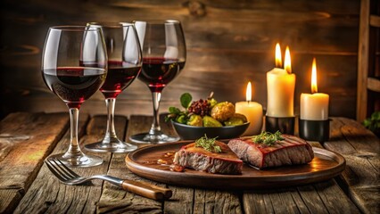 Elegant dinner for two with steaks and red wine on a wooden table , dinner for two, candlelight,  dinner for two