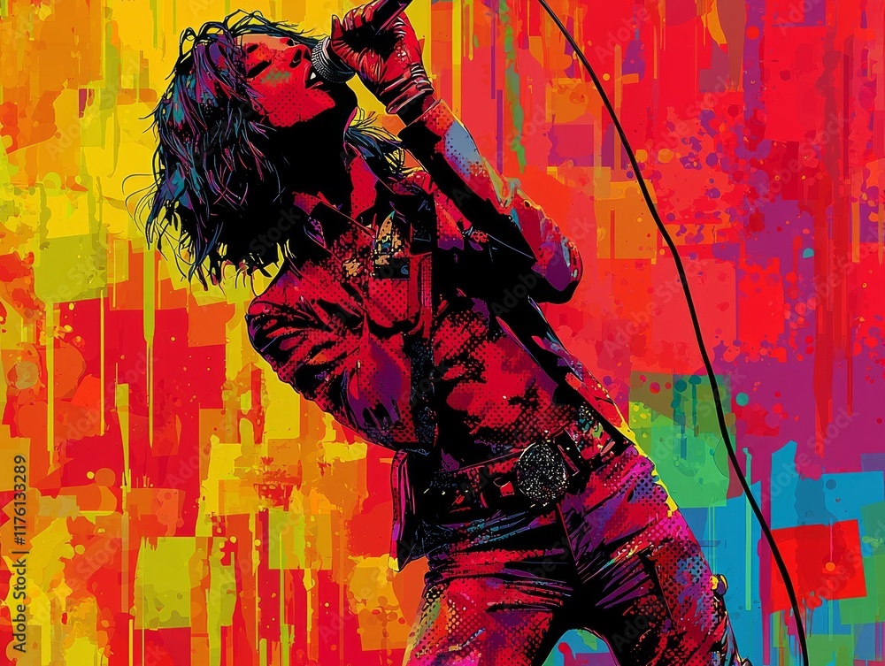 Poster vibrant butterfly sings into vintage microphone on colorful retro stage. Bold colors and dotted patterns create dynamic atmosphere full of energy and creativity.