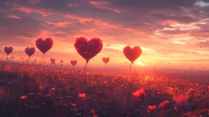 Fototapeta premium Heartshaped balloons floating in a dreamy sky