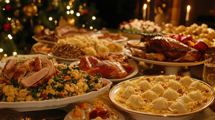 Fototapeta premium A festive table filled with various holiday dishes surrounded by a Christmas tree.