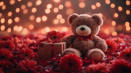 A teddy bear with a gift box surrounded by flowers
