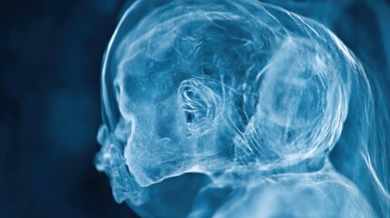 Fetus Baby floating in mother's abdomen, CT scan view with blue background shows the condition of the fetus and early life