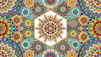 Colorful geometric shapes with intricate designs and patterns on a plain white background, artistic, abstract