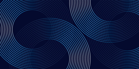 Abstract blue geometric lines glowing on dark blue background. Modern shiny blue circle lines pattern, vector illustration.