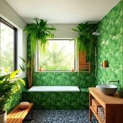 Fototapeta premium a beautiful and tranquil bathroom designed with a strong emphasis on nature. Bathtub. Wall Design. Sink Area. Lighting. Flooring. Plants. Natural Light.