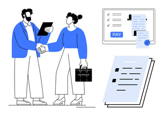 Professional handshake between two businesspeople, payment confirmation on a screen, and document review. Ideal for business agreements, professional partnerships, financial transactions, business