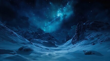 Fototapeta premium A serene winter landscape features a vast snow-covered valley under a starry night sky. Majestic mountains frame the scene, illuminated by an ethereal glow from the Milky Way. The deep blues and green