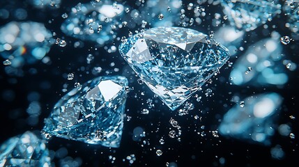 Sparkling diamonds falling, dark background, luxury, jewelry advertising