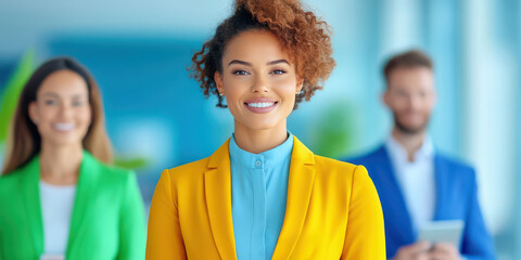 Obraz premium Confident Businesswoman Smiling Diverse Team Modern Office
