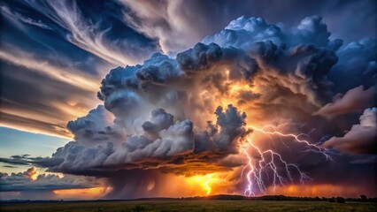 A majestic stormy cloud formation rises above a dark grey black background with vibrant lightning illuminating the sky at dusk, thunderstorm, clouds