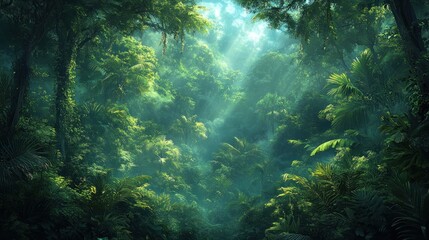 Naklejka premium Lush tropical forest with shafts of light filtering through dense foliage.