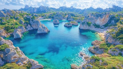 Fototapeta premium A stunning coastal landscape featuring rocky formations and clear turquoise waters.