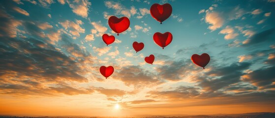 Naklejka premium Open sky with heartshaped balloons being released, symbolizing love and freedom