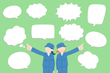 指をさす作業服を着た女性2人と吹き出しのフラットなイラスト(セット)
