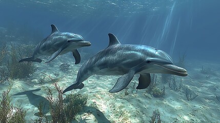 Fototapeta premium Two dolphins swimming underwater, sunlight through water. Possible use nature, marine life, wildlife