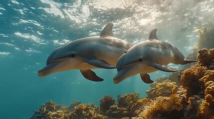 Obraz premium Underwater dolphins near coral reef, sunbeams, marine wildlife, scenic view, possible use for nature or wildlife publications