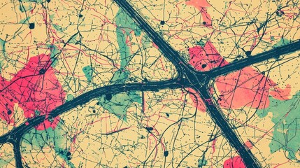 Abstract Vintage Map Overlay Urban Roads Network and Splashes of Color
