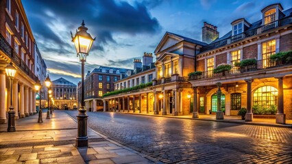 Naklejka premium Bustling street scene in Covent Garden at night with illuminated street lamps and historic buildings, nighttime