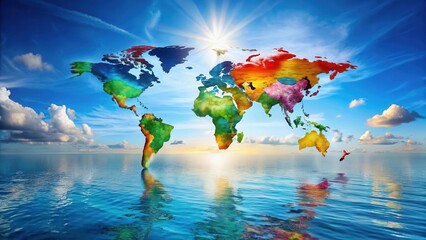Colorful world map with vibrant continent boundaries and prominent country labels, set against a serene blue ocean background and sunny sky , colored map, world atlas