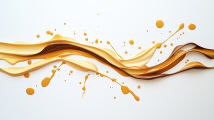 Abstract Swirling Caramel and Gold Paint Splashes on White Background