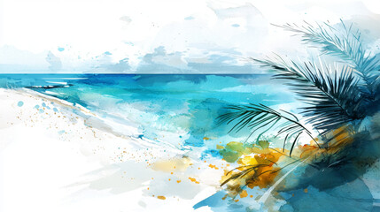 Abstract watercolor beach scene: turquoise ocean, white sand, palm fronds.